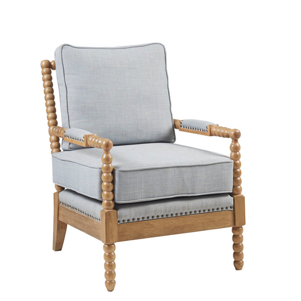 English Elm Accent Arm Chair Donohue Dusty Blue Upholstered Accent with Bronze Nailhead Trim & Camel Oak Legs B03548589