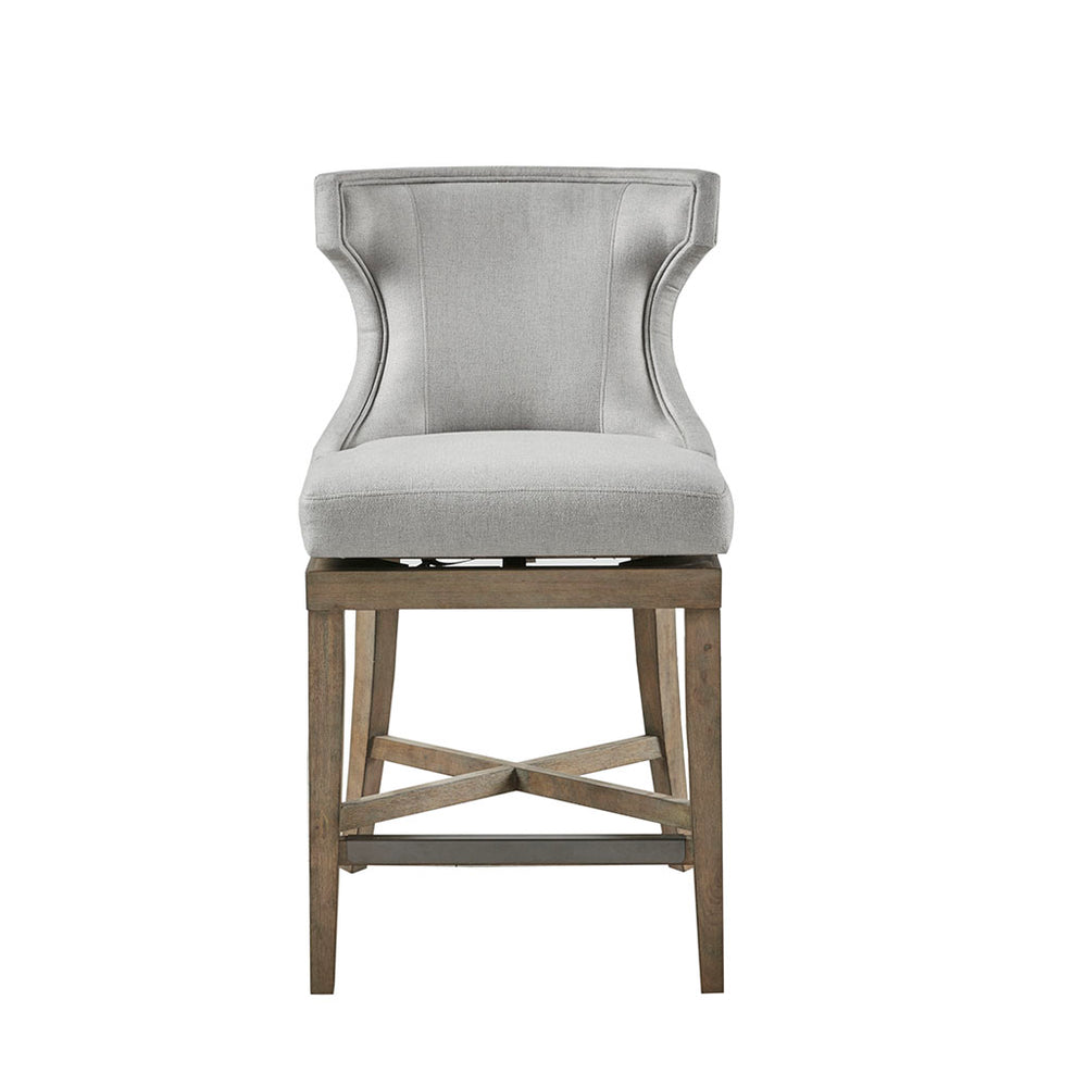 English Elm Counter Stool Carson Upholstered Swivel Wingback with Reclaimed Grey Legs and Bronze Kickplate Elegance LIGHT GREY 24 L x 30 W x 27.5 H B03548714