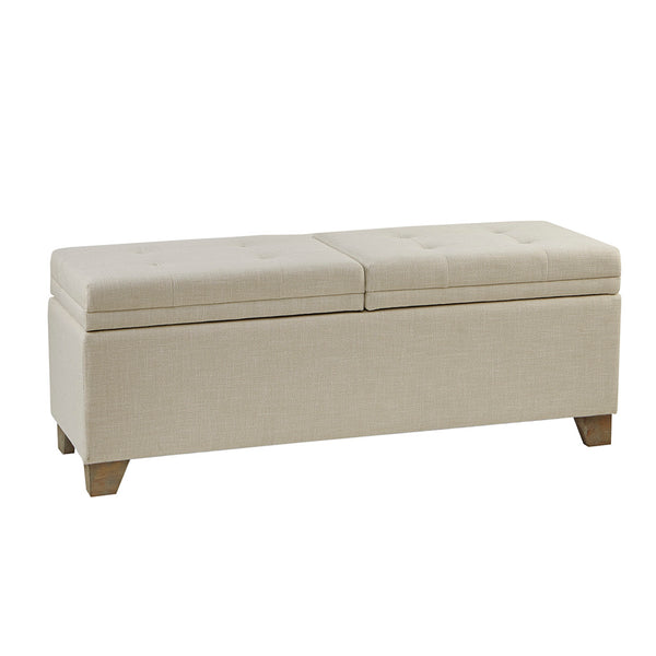 English Elm Soft Cushioned Ashcroft Storage Bench with Button-Tufted Split Top, Reclaimed Wood Legs, 400lb Capacity, Neutral Upholstery B03549039
