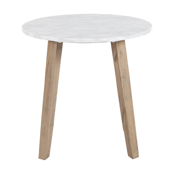 English Elm Milo Wheat Ash Wood End Table with White Marble Top, 20" Dia x 19.5"H — Simple Fresh Design, Ships in 2 Cartons B035S00019