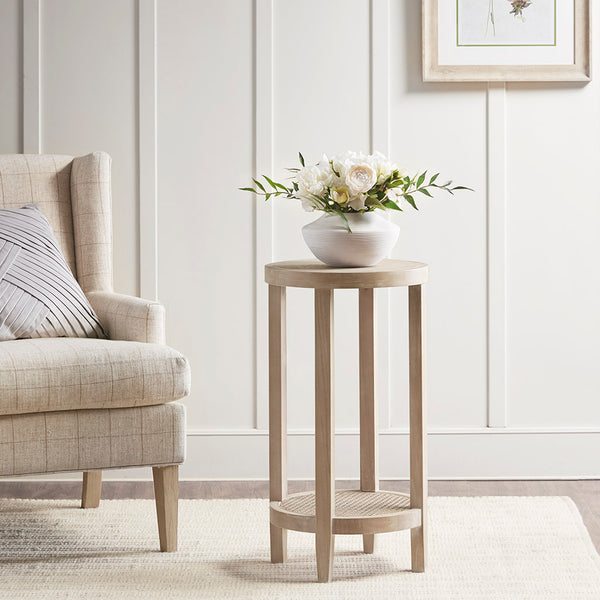 English Elm Round Accent Table Harley — 15" Diameter Ash Veneer Top with Rattan Cane Shelf, Reclaimed Wheat Finish B03548998