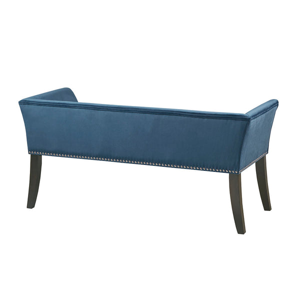 English Elm Accent Bench Welburn Blue Upholstered Low Back with Flared Arms, Nailhead Trim & Dark Coffee Legs — Chic 49.5"W Seating for Entryway or Bedroom B03548750