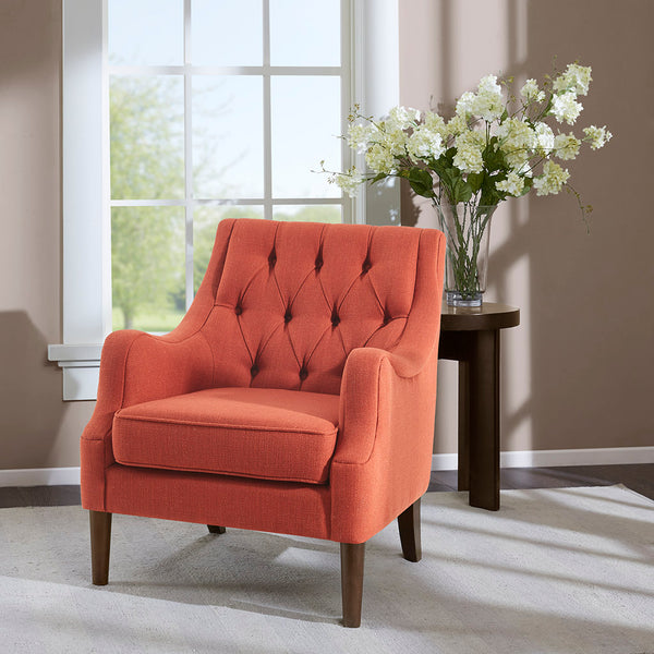 English Elm Button Tufted Accent Chair Madison Park Qwen Vintage Spice Upholstered Serpentine Arms, Espresso Legs | Stylish Comfort B03548571