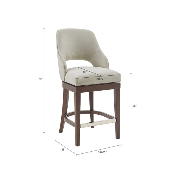 English Elm Counter Stool Jillian Cream Upholstered Swivel Seat with Dark Wood Legs, Silver Kick Plate Accent B03549037