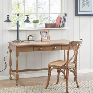 English Elm Solid Wood Tabitha Desk with Reclaimed Natural Finish, Turned Legs, Single Drawer & Metal Glides B03549013