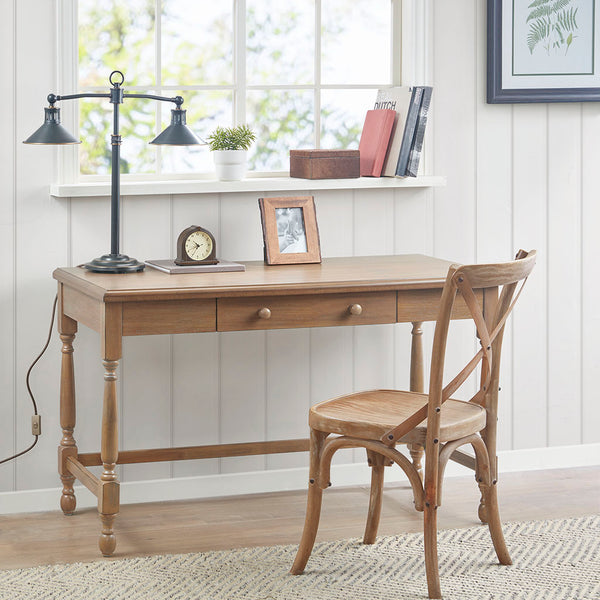 English Elm Solid Wood Tabitha Desk with Reclaimed Natural Finish, Turned Legs, Single Drawer & Metal Glides B03549013