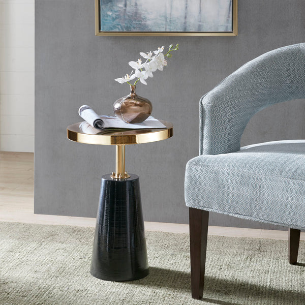 English Elm Accent Table Madison Park Lexi Round Reclaimed Walnut Top with Hand-Carved Black Base, Elegant Decor Black+Gold 12 L x 17.25 W x 17.5 H B03548826