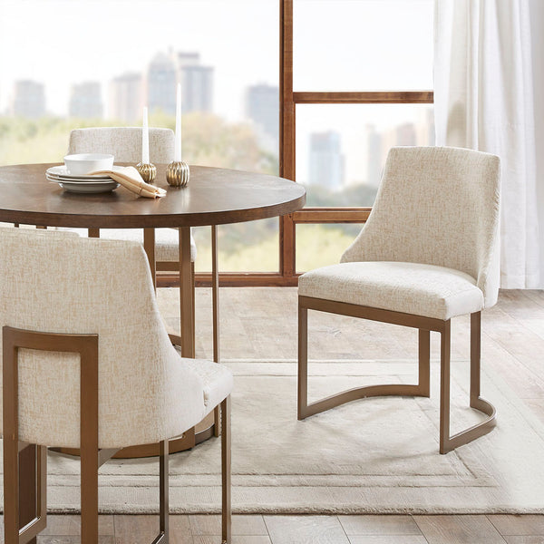 English Elm 21'' Modern Parsons Dining Chairs Set of 2 in Cream Polyester Upholstery with Antique Gold Metal Legs, Comfortable Foam Seats and Sleek Contemporary Design B03548769