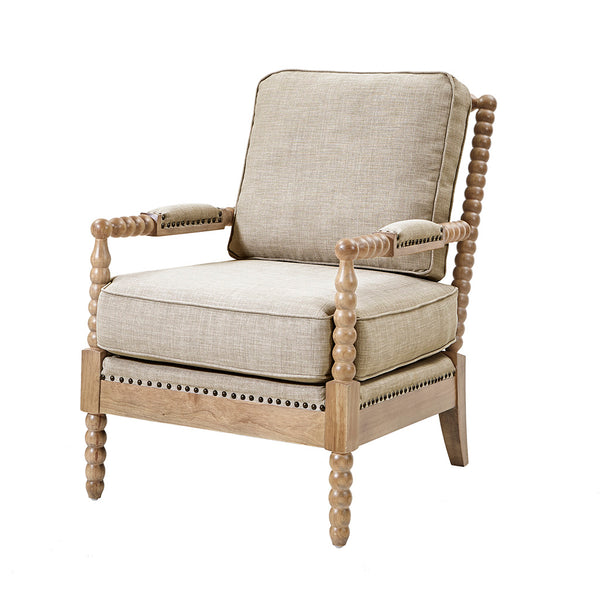 English Elm Accent Donohue Arm Chair in Light Grey Upholstery with Bronze Nailhead Trim & Camel Oak Legs, Plush Comfort B03548556