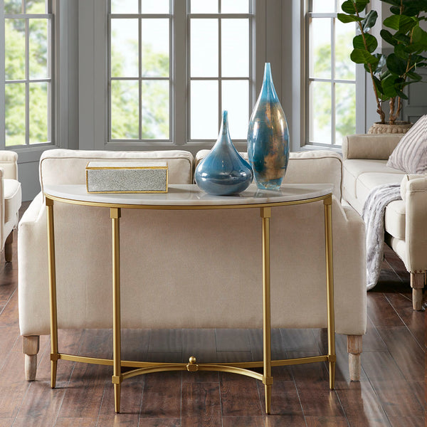 English Elm Bordeaux Round Marble Top End Table with Gold Metal Legs — Elegant Traditional Accent for Living Room White+Gold 19.5 L x 49 W x 6.89 H B03548929