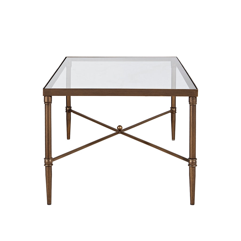 English Elm Rectangle Coffee Table — Bronze Metal Frame & 5mm Tempered Glass Top, Modern Centerpiece, 44"x24" B03548926