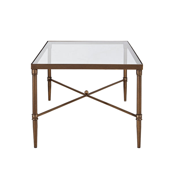 English Elm Rectangle Coffee Table — Bronze Metal Frame & 5mm Tempered Glass Top, Modern Centerpiece, 44"x24" B03548926