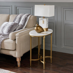 English Elm Bordeaux Round Marble Top End Table with Gold Metal Legs — Elegant Traditional Accent for Living Room White+Gold 16.89 L x 24.25 W x 6.5 H B03548928