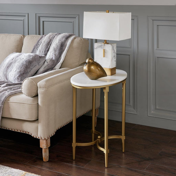 English Elm Bordeaux Round Marble Top End Table with Gold Metal Legs — Elegant Traditional Accent for Living Room White+Gold 16.89 L x 24.25 W x 6.5 H B03548928
