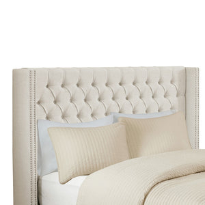 English Elm Upholstery Wingback Queen Headboard Cream Tufted Nailhead Trim Transitional Bedroom B03548785