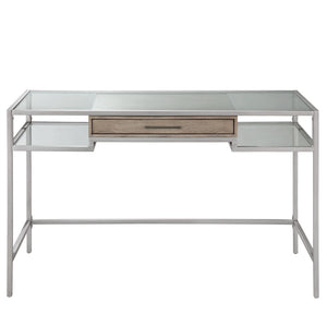 English Elm Adela Modern Writing Desk with Tempered Glass Top, Antique Brushed Silver Frame & Single Drawer Storage B03548852