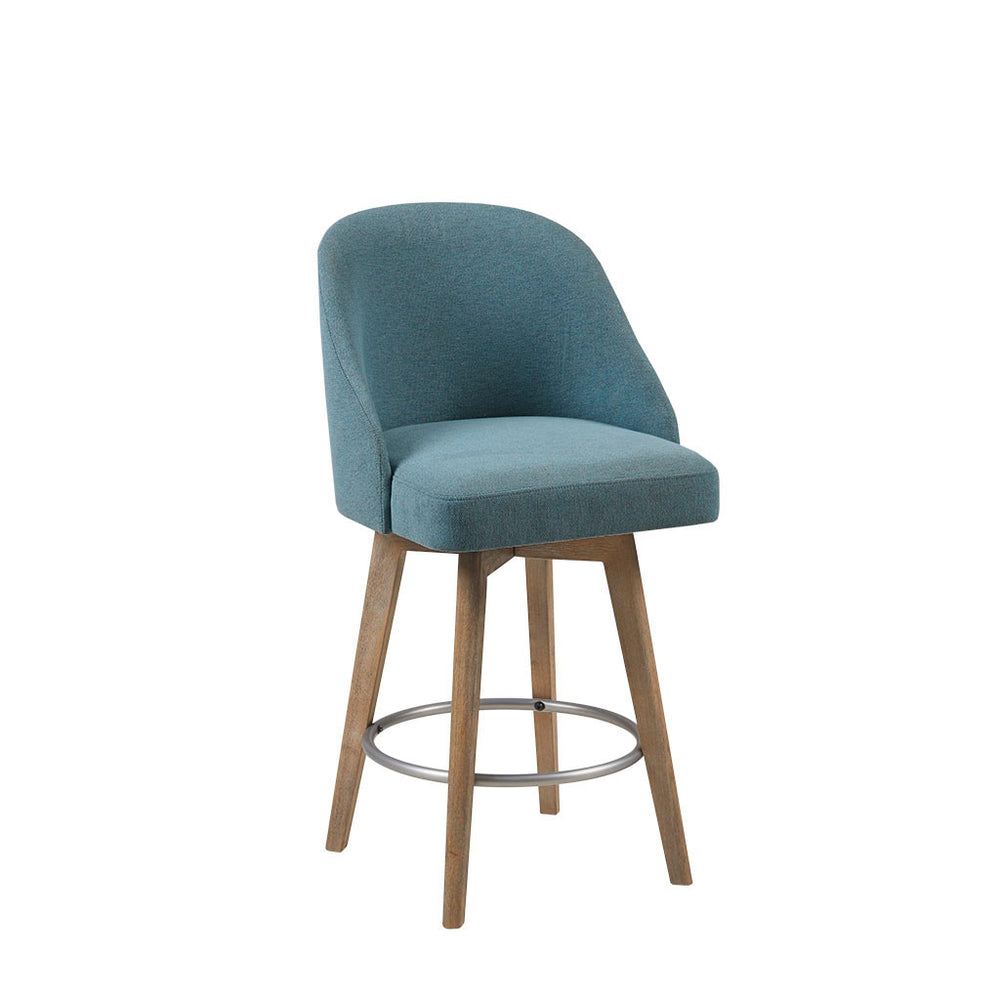 English Elm Counter Stool Pearce Swivel Barrel Seat with Reclaimed Gray Wood Legs and Matte Silver Footrest Blue 25.25 L x 25.25 W x 20 H B03548731