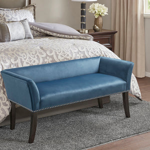 English Elm Accent Bench Welburn Blue Upholstered Low Back with Flared Arms, Nailhead Trim & Dark Coffee Legs — Chic 49.5"W Seating for Entryway or Bedroom B03548750