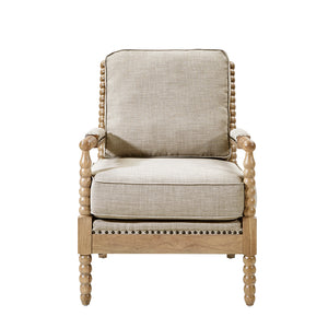 English Elm Accent Donohue Arm Chair in Light Grey Upholstery with Bronze Nailhead Trim & Camel Oak Legs, Plush Comfort B03548556