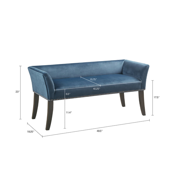 English Elm Accent Bench Welburn Blue Upholstered Low Back with Flared Arms, Nailhead Trim & Dark Coffee Legs — Chic 49.5"W Seating for Entryway or Bedroom B03548750