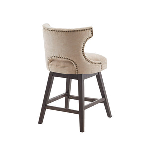 English Elm 25.75" Swivel Counter Stool with Dark Coffee Wood Legs, Bronze Nailhead Trim & Metal Kickplate, Plush Upholstery Beige 21.75 L x 24 W x 21 H B03548725