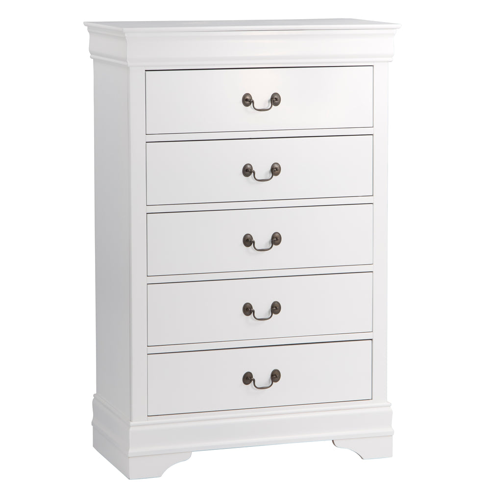 English Elm Traditional White 5-Drawer Chest with Okume Veneer, Antique Brass Drop Handles, Compact 31.25"x15.75" B01149270