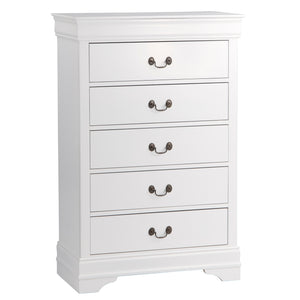 English Elm Traditional White 5-Drawer Chest with Okume Veneer, Antique Brass Drop Handles, Compact 31.25"x15.75" B01149270