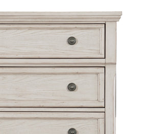 English Elm Wire-Brushed Transitional Chest of Drawers in Antique White Finish with Turned Bun Feet & Smooth Glides B01149271