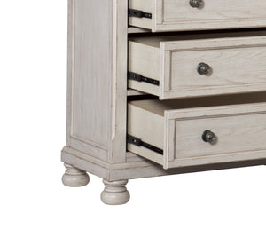 English Elm Wire-Brushed Transitional Chest of Drawers in Antique White Finish with Turned Bun Feet & Smooth Glides B01149271
