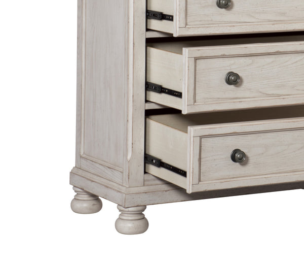 English Elm Wire-Brushed Transitional Chest of Drawers in Antique White Finish with Turned Bun Feet & Smooth Glides B01149271