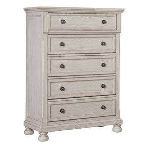 English Elm Wire-Brushed Transitional Chest of Drawers in Antique White Finish with Turned Bun Feet & Smooth Glides B01149271
