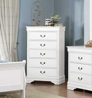 English Elm Traditional White 5-Drawer Chest with Okume Veneer, Antique Brass Drop Handles, Compact 31.25"x15.75" B01149270