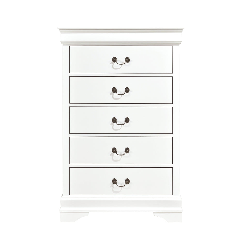 English Elm Traditional White 5-Drawer Chest with Okume Veneer, Antique Brass Drop Handles, Compact 31.25"x15.75" B01149270