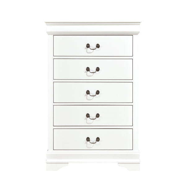 English Elm Traditional White 5-Drawer Chest with Okume Veneer, Antique Brass Drop Handles, Compact 31.25"x15.75" B01149270