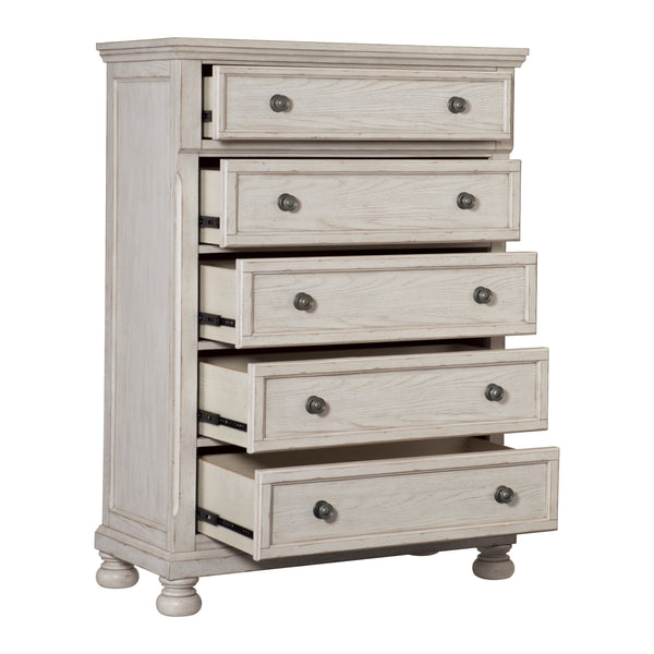 English Elm Wire-Brushed Transitional Chest of Drawers in Antique White Finish with Turned Bun Feet & Smooth Glides B01149271