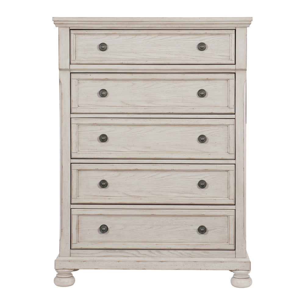 English Elm Wire-Brushed Transitional Chest of Drawers in Antique White Finish with Turned Bun Feet & Smooth Glides B01149271