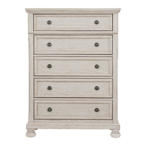 English Elm Wire-Brushed Transitional Chest of Drawers in Antique White Finish with Turned Bun Feet & Smooth Glides B01149271