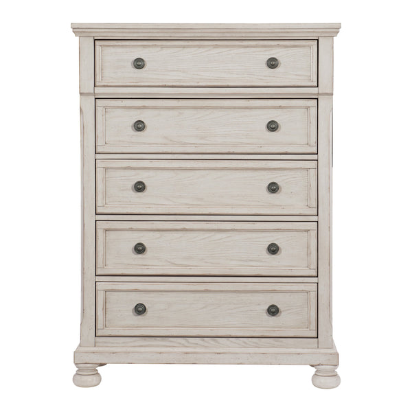 English Elm Wire-Brushed Transitional Chest of Drawers in Antique White Finish with Turned Bun Feet & Smooth Glides B01149271