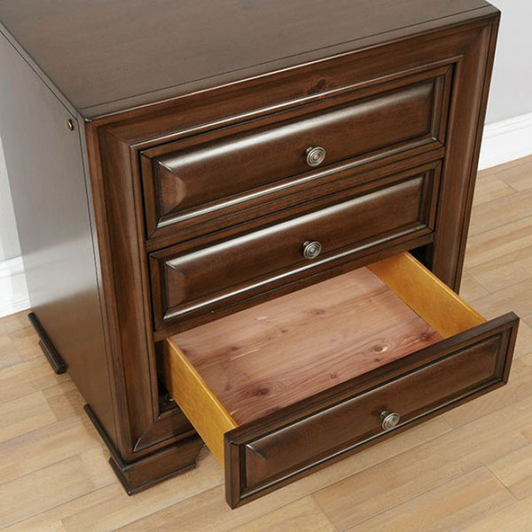 English Elm Brown Transitional Cherry Nightstand with 3 Dovetail Drawers, Cedar Lined, USB Outlet & Underlight B01149585