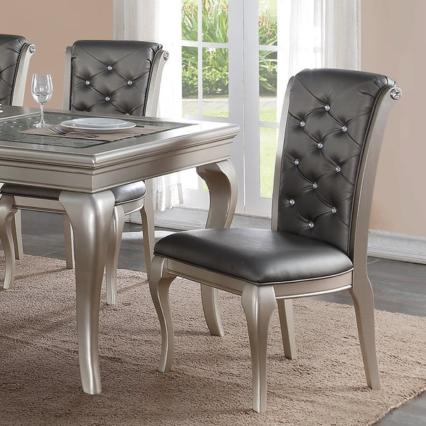 English Elm Dining Italian-Inspired Formal Dining Set with Glass Insert, Tufted Upholstery & Carved Accents, 7pc Gray,Silver 70 L x 46 W x 9 H B011S01707