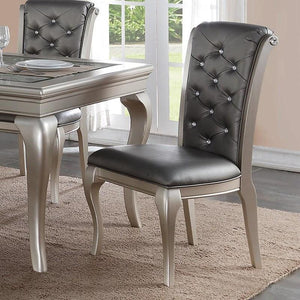 English Elm Dining Italian-Inspired Formal Dining Set with Glass Insert, Tufted Upholstery & Carved Accents, 7pc Gray,Silver 70 L x 46 W x 9 H B011S01707
