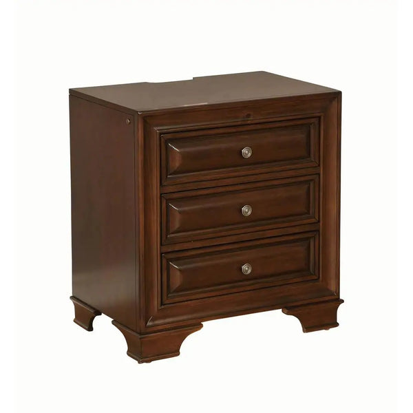 English Elm Brown Transitional Cherry Nightstand with 3 Dovetail Drawers, Cedar Lined, USB Outlet & Underlight B01149585