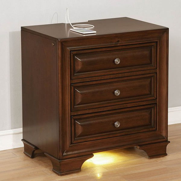 English Elm Brown Transitional Cherry Nightstand with 3 Dovetail Drawers, Cedar Lined, USB Outlet & Underlight B01149585
