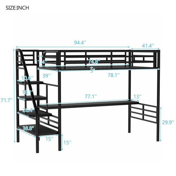 English Elm Metal Twin Loft Bed with Integrated Desk Powder Coated Steel Frame for Compact Rooms SM000604AAB-1