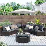 Hearth and Haven 6 Piece Outdoor Sectional Half Round Sofa Set with Side Table for Umbrella and Round Table, Grey and Brown