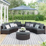 Hearth and Haven 6 Piece Outdoor Sectional Half Round Sofa Set with Side Table for Umbrella and Round Table, Grey and Brown
