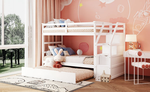 English Elm Twin-over-twin Bunk Bed with Trundle Stair Storage Kids Shared Bedroom White LT000064AAK