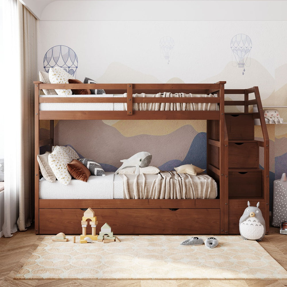 English Elm Twin-over-twin Bunk Bed with Trundle Stair Storage Kids Shared Bedroom White LT000064AAD