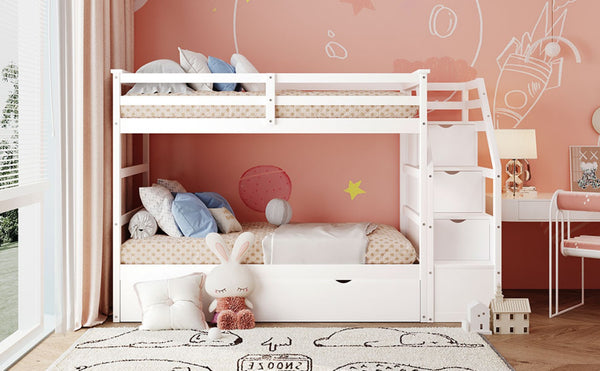 English Elm Twin-over-twin Bunk Bed with Trundle Stair Storage Kids Shared Bedroom White LT000064AAK
