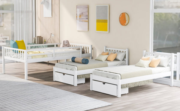 English Elm Full Over Twin Triple Bunk Bed Pinewood Frame with Storage Drawers and Guardrails LT000343AAK-2